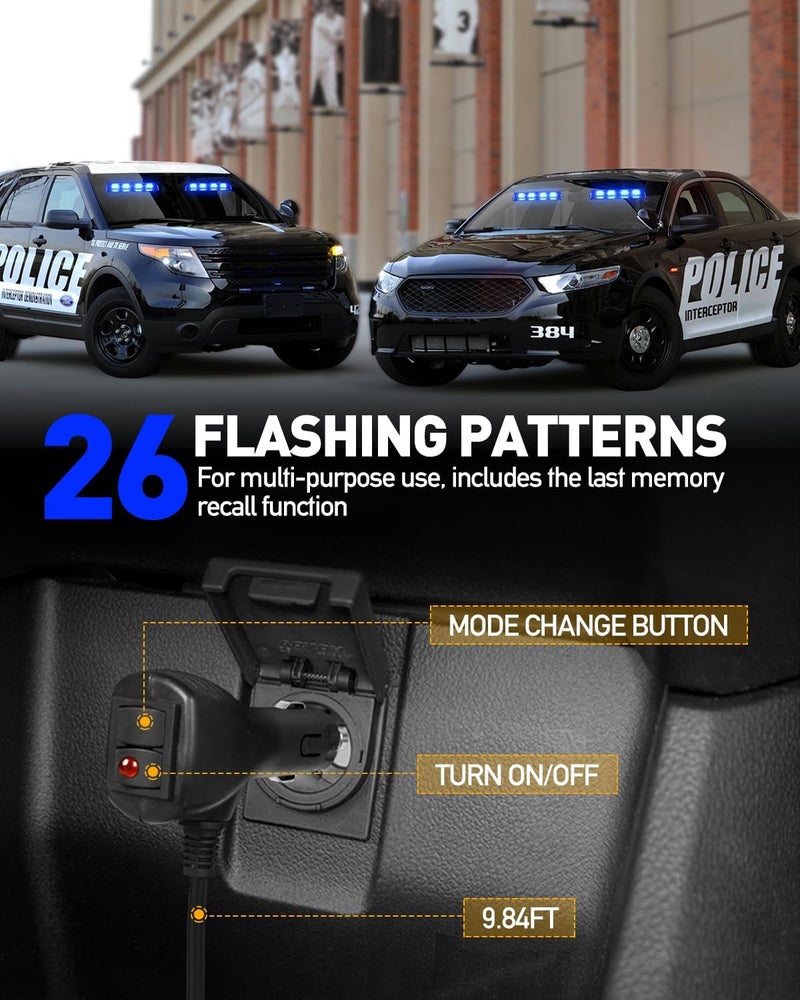 HLauto 2002L Emergency Dash Strobe Lights: Blue Safety Lights, Flashing Warning Hazard Windshield Visor Traffic Light Bars for Trucks, Construction Vehicles (2x8.5 inch, 48LED) - Image 4